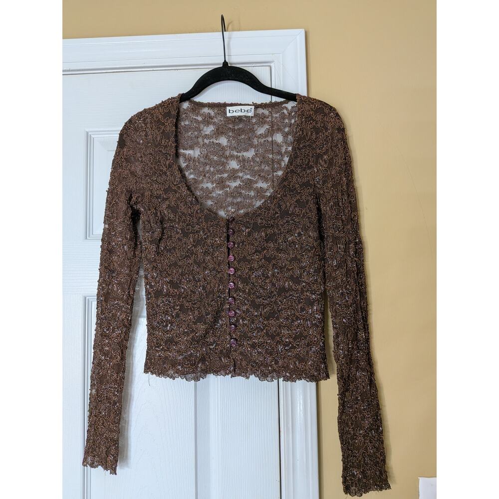 Bebe Lace Beaded Button Front Top Size Small Brown Sheer Y2K Fairy Grunge Whimsy
